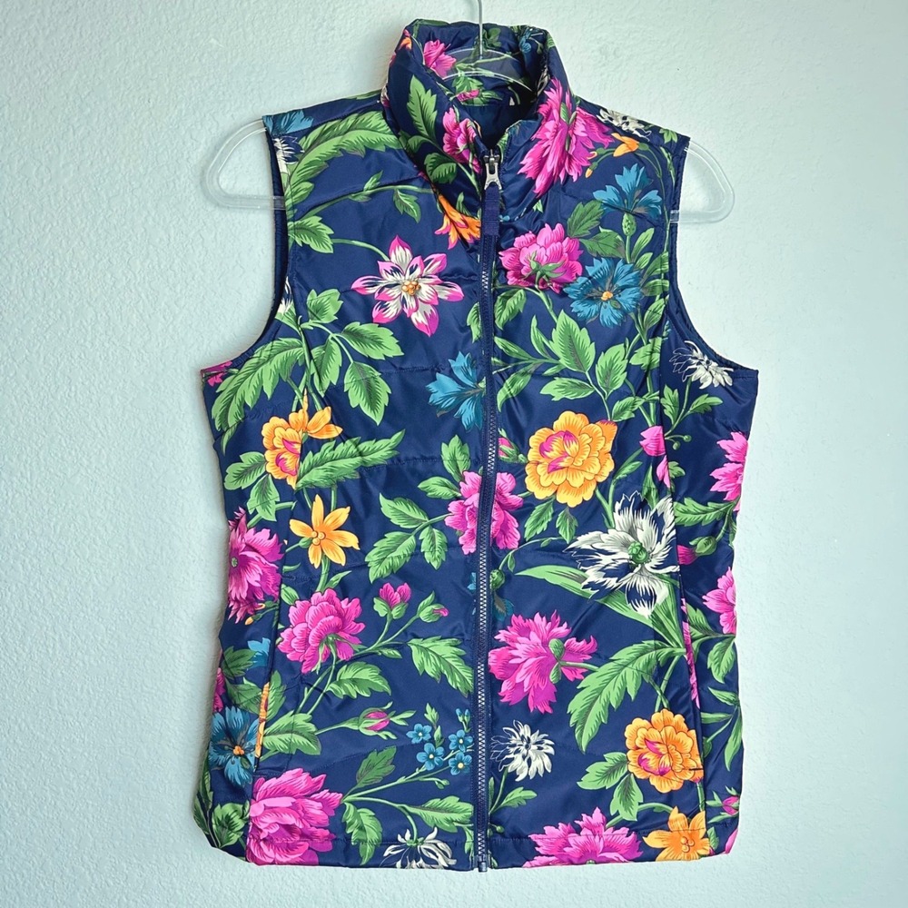 Lands End Womens XS Navy Blue Floral Down Puffer Vest Full Zip Stand Collar F16